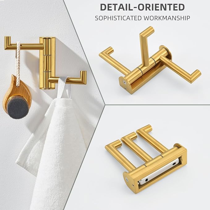 Angle Simple 3 Arms Towel Hook Brushed Dark Gold, 304 Stainless Steel Swivel Triple Towel Holder, Folding Bathroom Hook, Wall Mount