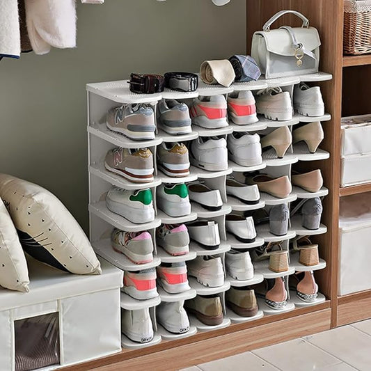 6-Tier Narrow Shoe Organizer, Adjustable Cubby Shoe Rack for Closet, Free Standing Shoe Slot Tower for Entrance, Stackable Space-Saving Shoe Storage Shelf for Entryway, White