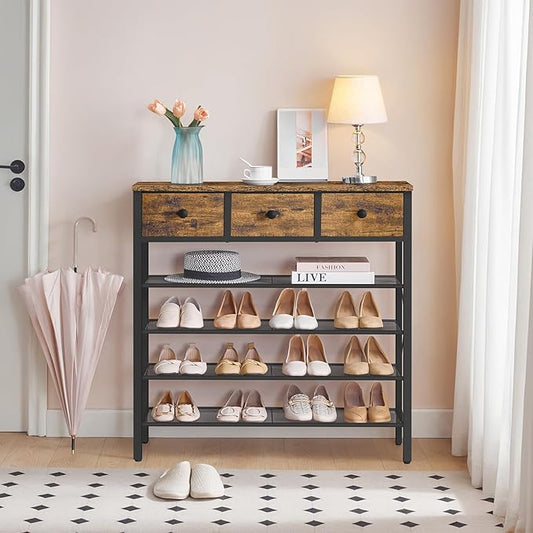 5-Tier Shoe Rack with 3 Drawers, Metal Shoe Organizer for 20 Pairs with Storage Shelves and Wooden Top, for Entryway, Hallway, Foyer, Closet, Rustic Brown and Black SS35BR