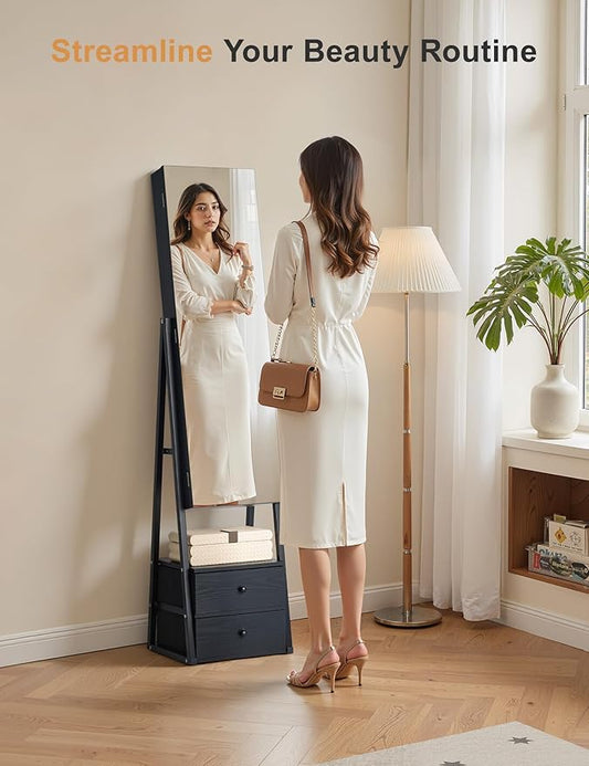 Nicetree Mirror Jewelry Cabinet Standing, Lockable Jewelry Cabinet Armoire with 2 Drawers, Full Length Mirror with Jewelry Storage, Christmas Gifts, Black
