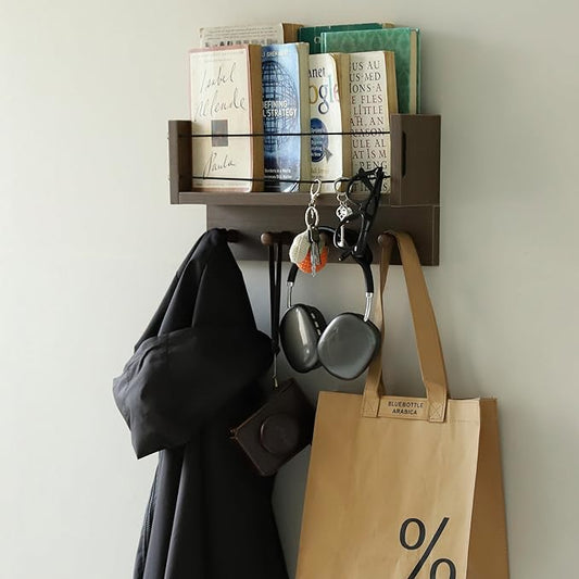 Entrance Coat Rack ,Coat Hooks, Wall-Mounted Wooden Hook Rack, Wall-Mounted Shelves are Very Suitable (Walnut Color Finish-B-1)