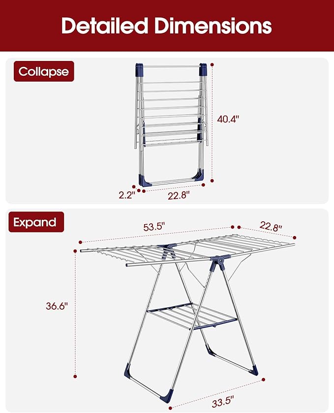 Clothes Drying Rack with Height-Adjustable Wings, Metal Foldable Laundry Dryer Stand for Clothing & Bedding, Free-Standing Collapsible for Indoor & Outdoor Use, 53.5" L × 22.8" W, Silver Blue