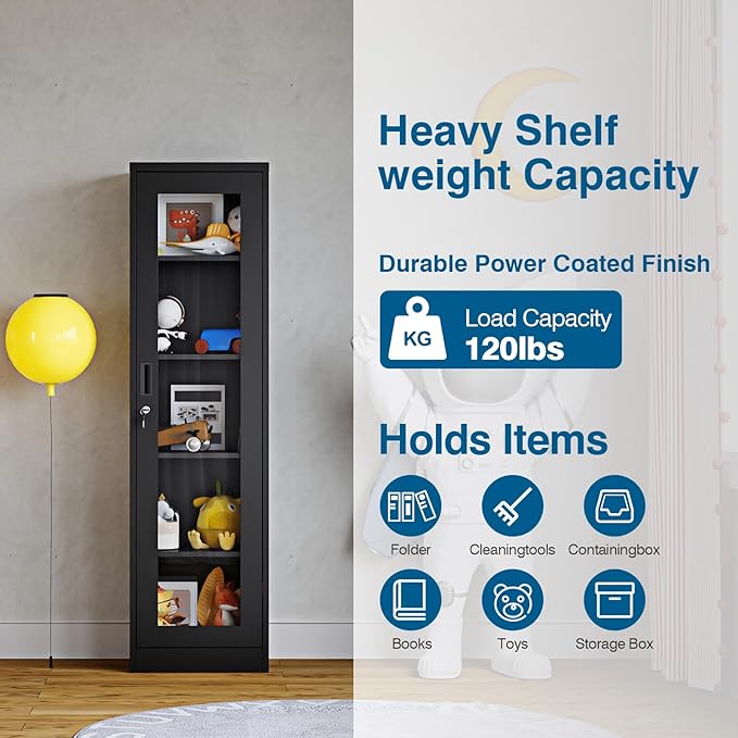 Display Storage Cabinet with Glass Doors, 65 Inches Metal Curio Cabinets with 4 Adjustable Shelves, HD Tempered Glass Cabinet Display Case for Home, Office, Pantry, Assemble Required (Black)