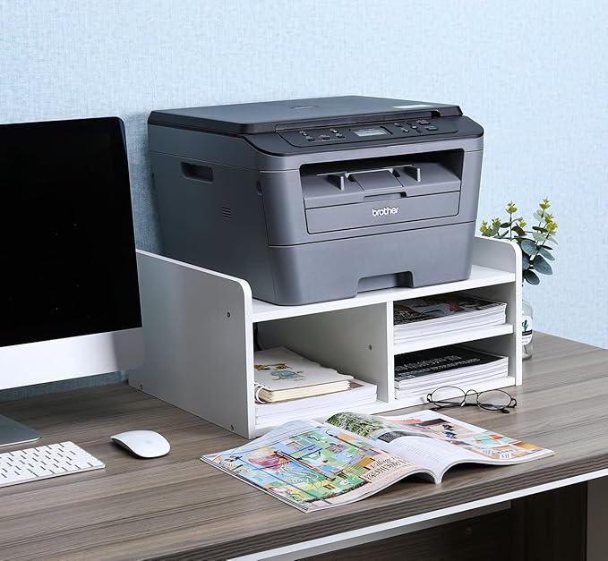 PAG Desktop Printer Stand with Storage, Paper Storage Holder Rack for Desk, Wooden Printer Organization for Home/Office, White