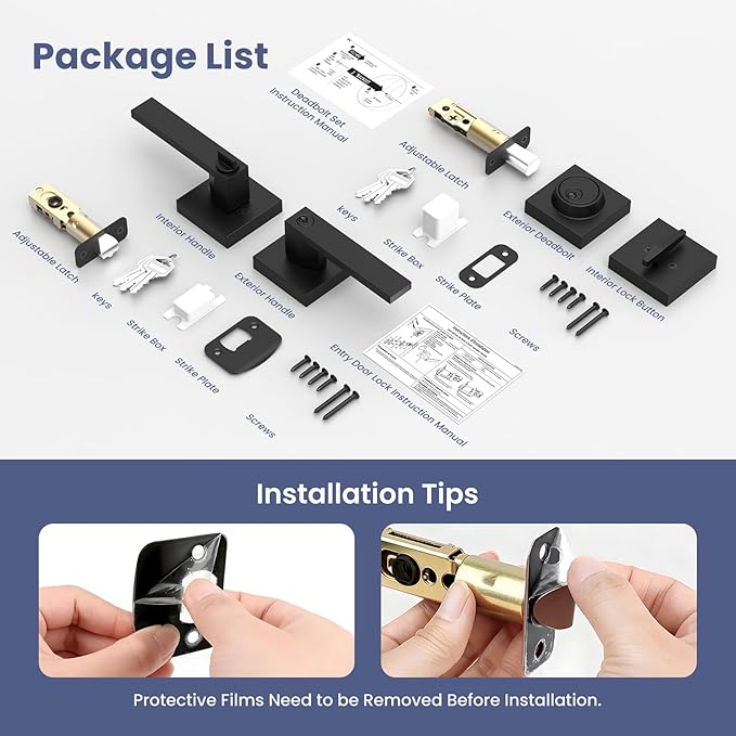 Estmoon Door Locks for Front Door, Matte Black Exterior Door Handle and Single Cylinder Deadbolt Lock, Heavy Duty Modern Square Front Door Handle and Deadbolt Set, Commercial Locks for Doors, 1 Pack
