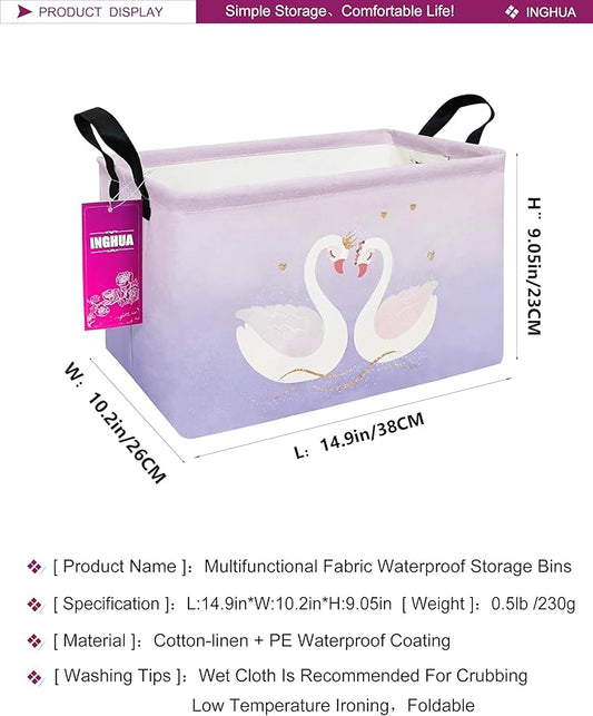 Rectangular Storage Basket Fabric Organizer Bin for Toys,Books,Clothes,Gifts,Pets-Perfect for Home,Office,Nursery,Dorm,Shelf(Rec-Love Swans )