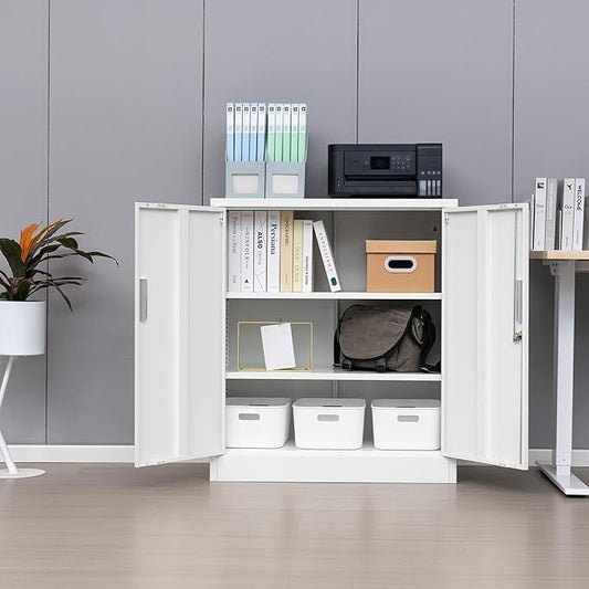 Metal Storage Cabinet, 36" H Locking Storage Cabinet with 2 Adjustable Shelves for Garage, Home, Office, Utility Room-White
