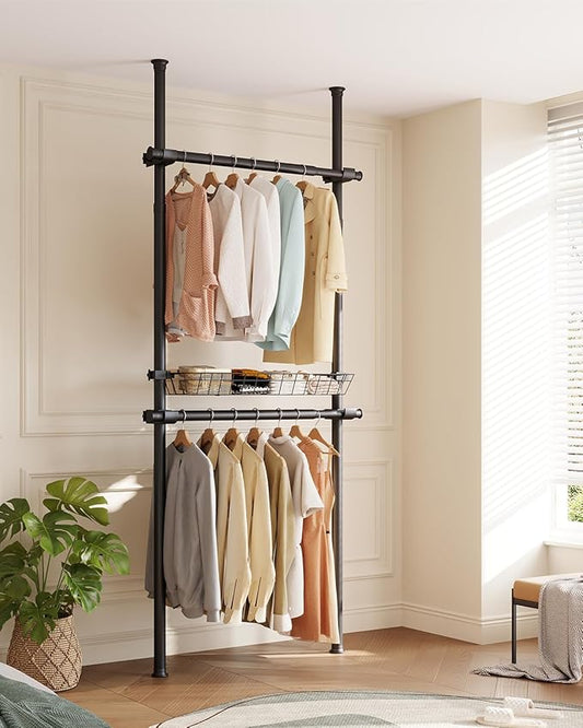 Floor-to-Ceiling Clothing Rack with Wire Storage Basket, Double Hanging Rods, Adjustable Tension Closet Organizer for Bedroom, Walk-In Closet, Laundry Room, 2-Pole, Black