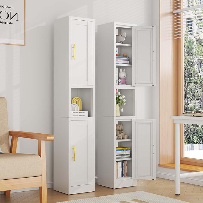 67" Tall Narrow Storage Cabinet Metal Bathroom Cabinet with 2 Doors & 4 Adjustable Shelves, Standing Pantry Cabinets Cupboard for Kitchen, Dining Room, Living Room and Bathroom (White)