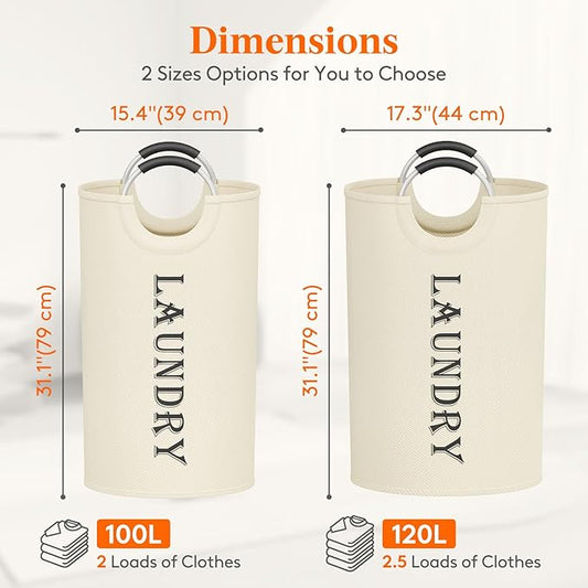 Lifewit 120L 2-Pack Large Laundry Basket, Collapsible Laundry Hamper with Aluminum Handles, Waterproof Freestanding Dirty Clothes Hampers for Laundry Room Bedroom Dorm Bathroom, White