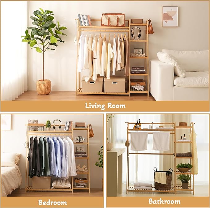 Bamboo Clothing Garment Rack 7 Tier Storage Shelf Coat Clothes Hanging Rack, Portable Wardrobe Closet Organizer With Top Shelf, Shoe Storage Shelves for Bedroom (Natural - 51.18 in)