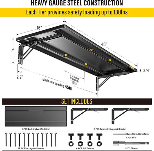 1.3x4ft Adjustable Rail Type Folding Storage Rack Shelf, Suitable for Garage, Storage Room, Kitchens Wall Shelf,Garage Storage Rack Floating Shelves, Wall Mounted Folding Table(1pcs-Black)