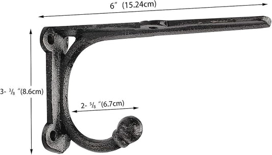 Shelf Brackets with Hooks 6 Inch, Heavy Duty Floating Shelf Bracket, Cast Iron Shelving Brackets for DIY Wall Shelves, Rustic Shelf Brackets, 2 Pack