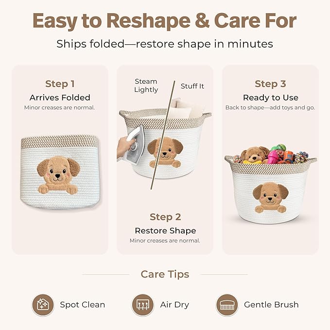 Golden Retriever/Labrador Dog Toy Basket, 15x11 Inch Woven Cotton Rope Storage Bin with Puppy Patch, Large Pet Organizer for Toys, Blankets, Leashes, Living Room Decor (Beige/White)