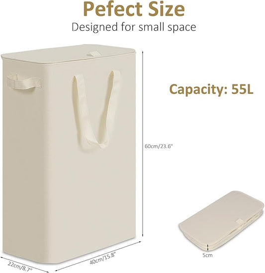 efluky Slim Laundry Basket with Lid, Narrow Laundry Hamper with Handles, Collapsible Dirty Clothes Hamper, Tall Laundry Bin for Laundry Room, Dorm and Bedroom, 55L Beige