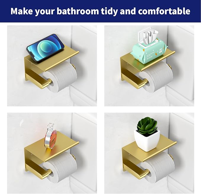Brushed Gold Toilet Paper Holder Wall Mount, Fits Mega Rolls Size Rustproof Self Adhesive Brushed Brass Toilet Paper Holder Gold with Shelf
