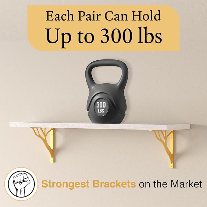 Rustic Tree Brass Heavy Duty Shelf Brackets 8 inch by Balin Designs, Gold Decorative L Brackets, Iron Metal Floating Shelf Bracket, Wall Mount Shelving Bracket, Included Hardware, Set of 4