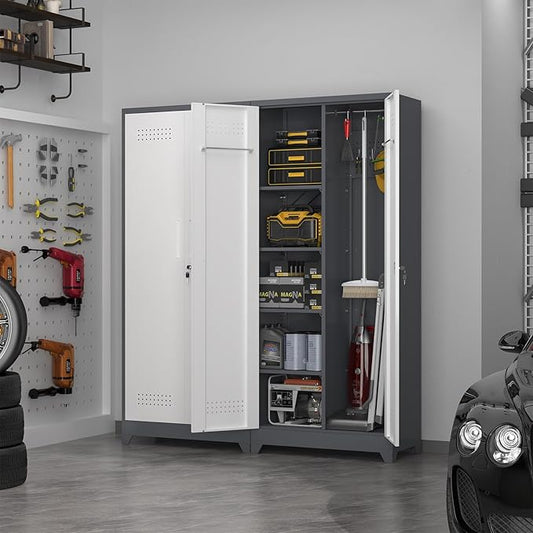 72.8" H Metal Garage Storage Cabinets with Doors and Shelves, Broom Closet Storage Cabinet, Tool Cabinets with Hanging Rod, Cleaning Storage Cabinets for Garage,Bedroom Office Grey&White