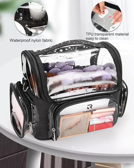 TANTO Clear Makeup Brush Case,Stand-up Makeup Cup Large Cosmetic Organizer Holder Professional Makeup Artist Travel Case with Adjustable Divide&Strap (02-Black(X Large))