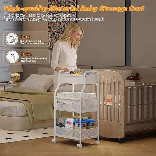 Diaper Caddy Organizer 3-Tier Rolling Cart, Metal Utility Cart with 4+2 Dividers & Lockable Silent Casters, Mobile Storage Cart for Nursery Essentials, Multi-Purpose for Kidsroom Changing Table