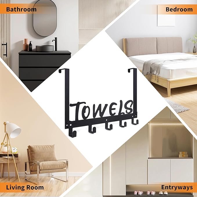 Over The Door Hook, Towel Holder Towel Hook for Bathroom, Towel Hanger Door Rack with 5 Coat Hooks, Over The Door Hanger Towel Rack for Bathroom, Bedroom Towels Coats, Black