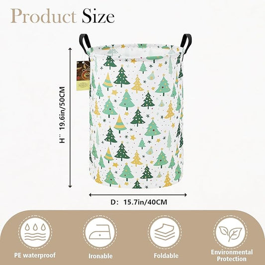 HUNRUNG Laundry Hamper,Large Canvas Fabric Lightweight Storage Basket Toy Organizer Dirty Clothes Collapsible Waterproof for College Dorms(Round-Green tree)