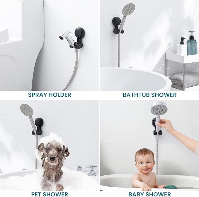 TAILI Shower Head Holder Suction Cup, Adjustable Height & Angle, Wall Mounted, Waterproof, Black, Plastic, Round, Bathroom & Shower Fixture