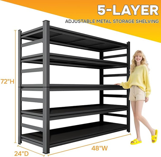 Metal Garage Shelving 5 Tier, 48"W x 73"H x 24"D Heavy Duty Storage Shelves, Easy to Assemble, Adjustable, 3000 lbs Capacity Steel Storage Utility Rack Shelf Unit for Warehouse, Pantry, Office, Black