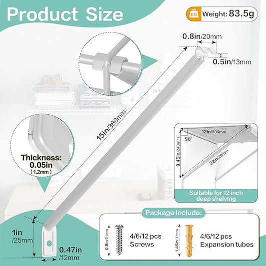 4 Pcs Wire Shelving Support Brackets 12in Wire Shelf Support Bracket,Reinforced Anti-Sag Design with Anchors & Pins – Strong Closet Shelf Brackets for Garage, Pantry & Storage (White)