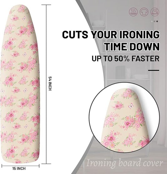 Extra Thick Ironing Board Cover and Pad, 15x54 Ironing Board Cover, Resist Scorching and Staining,Elastic Edges,Floral Spring Pink