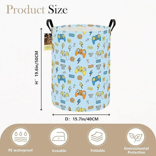 HUNRUNG Laundry Hamper,Large Canvas Fabric Lightweight Storage Basket Toy Organizer Dirty Clothes Collapsible Waterproof for College Dorms(Round-Color Game)