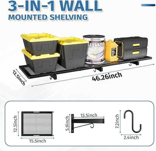 Garage Wall Shelving,46"X 12.5" Garage Shelving Wall Mounted,Heavy Duty Garage Storage Rack with 4 Hooks,160 LBS Capacity,Black Metal Floating Organizer Shelves for Laundry,Warehouse (1)