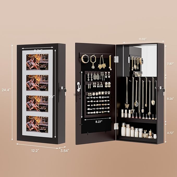 Bonnlo Jewelry Armoire with Photo Frame, Inner Mirror,23.62 x 11.81 x 3.55 inch, Key Storage Cabinet, Lockable Design,Wall Mount (dark brown)