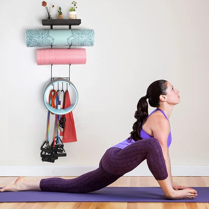 VINAEMO Yoga Mat Holder Accessories Wall Mount Organizer Storage Decor Foam Roller and Towel Storage Rack with 4 Hooks and Wooden Shelves Yoga Mats Rack Resistance Bands for Home Gym School Office