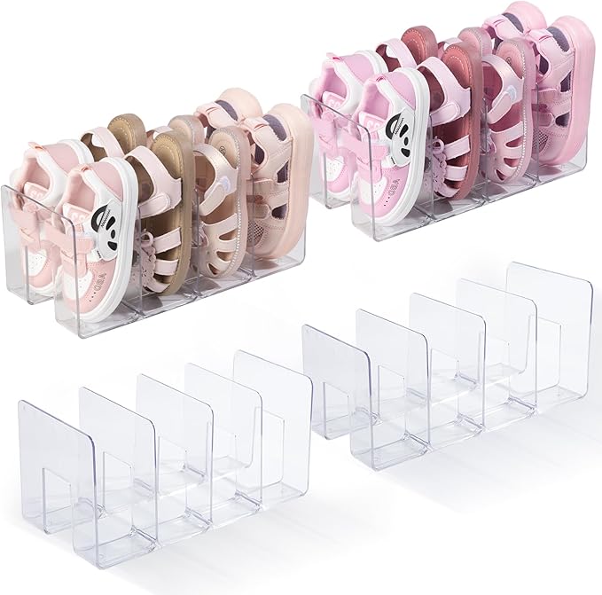 2PACK Clear Acrylic Kids Shoe Rack for Closet Organizers and Storage, Small Clear Shoe Rack 4 Sections Toddler Baby Shoe Storage Organizer Stackable Shoe Shelf,Desk File Sorter Book Purse Organizer