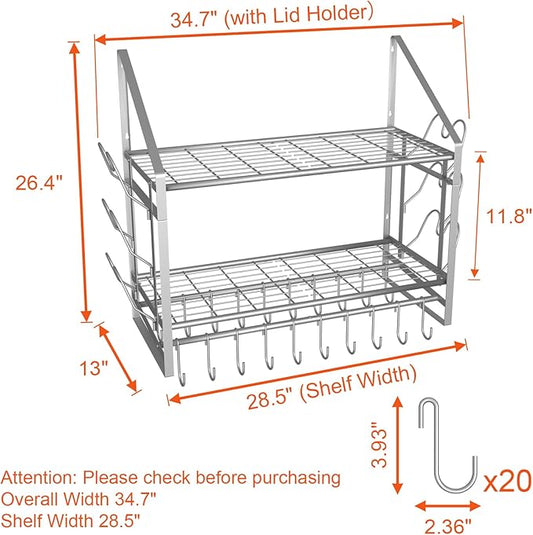 28 Inch Pot Rack Wall Mounted, 2 Tier Pots and Pans Organizer with 20 Hooks and 6 Pot Lid Holders, Heavy Duty Steel Pot and Pan Hanger for Kitchen Cookware Utensils Storage, Silver