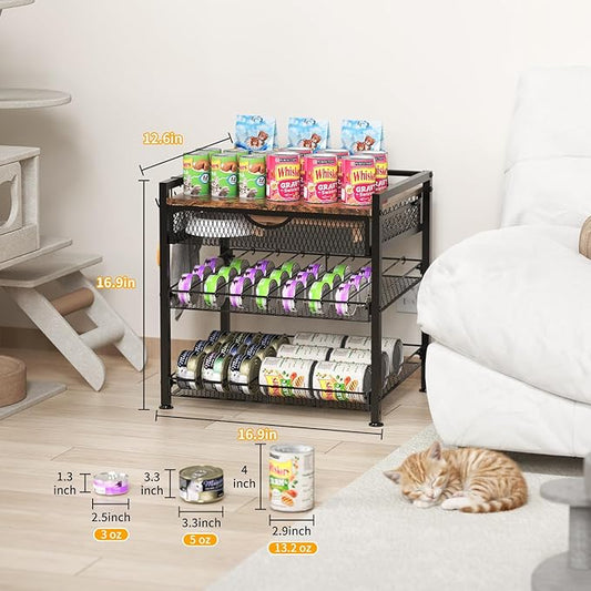 Cat Food Organizer,2 Floors Bring Drawer Storage Rack, Manually Adjust The Gap Size,Store Suitable Can Sizes Container,Automatic Slip Design,Suitable For Pet Food Canned Food Dispenser