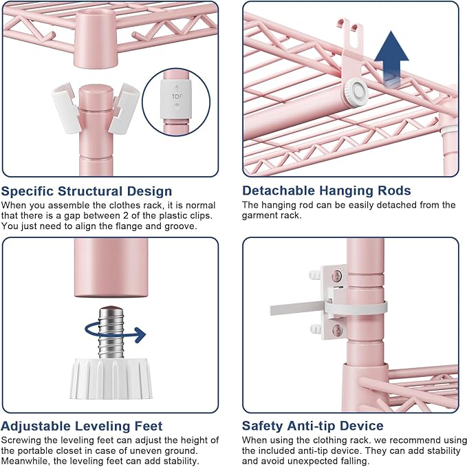 Ulif E12 Clothes Rack,Heavy Duty Freestanding Garment Rack with Shelves,Metal Clothing Closet Storage System for Hanging Clothes,71" W x 16" D x 76.5" H, Hold 960 lbs,Pink