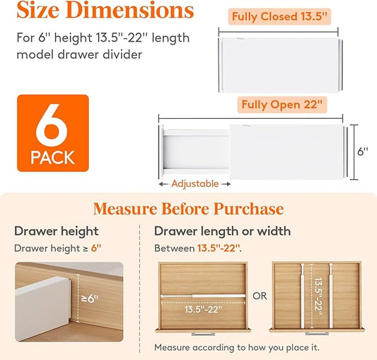 Lifewit 6 Pack 6" High Drawer Dividers 34-56cm/13.5-22" Adjustable Drawer Organizer for Clothes/Utensils, Expandable Drawer Separator in Dresser/Kitchen/Bedroom/Office Organization & Storage White