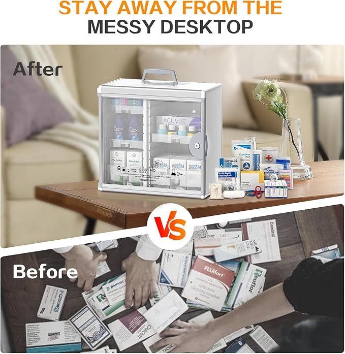 Glosen Medicine Cabinet Locking Medicine Cabinet Wall Mounted【 Silver 13.6 x 13.4 x 6.5 Inch 】 Portable Storage Container Big Capacity