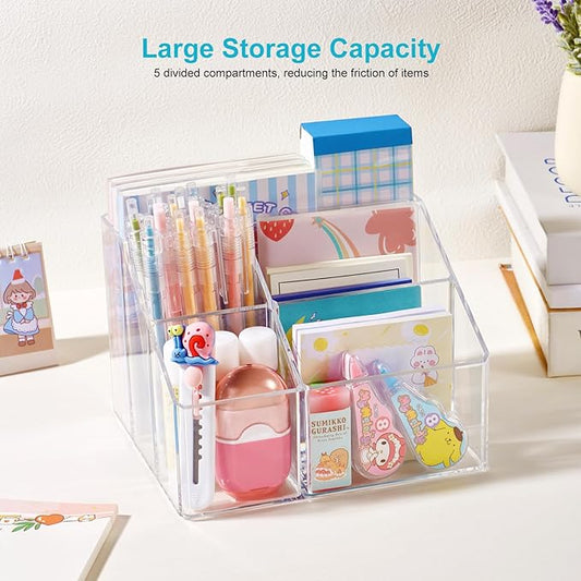 Acrylic Pencil Holder, 5-Slot Clear Pen Organizer for Desk, Cute Stationery Cup for Office, School, Home