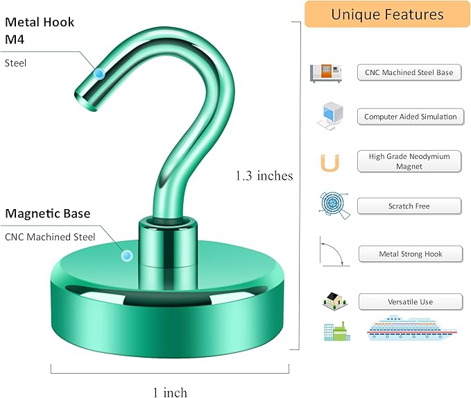 Neosmuk Magnetic Hooks, Heavy Duty 85lb+ Strong Magnet Hook for Cruise Cabins, Cruise Ship Essentials for Hanging, Metal Wall Refrigerator Hangers (Green, 10 Pack)