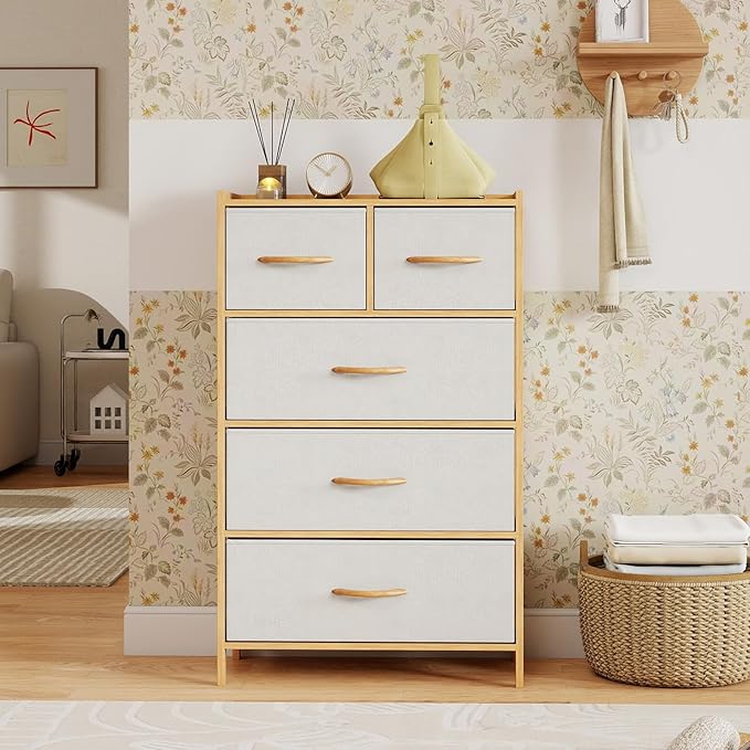 Giantex 5-Drawer Dresser for Bedroom, Bamboo Storage Tower with 5 Foldable Fabric Drawers & Top Shelf, Modern Chest of Drawers, Tall Vertical Organizer Unit for Closet, Living Room, Hallway, Natural