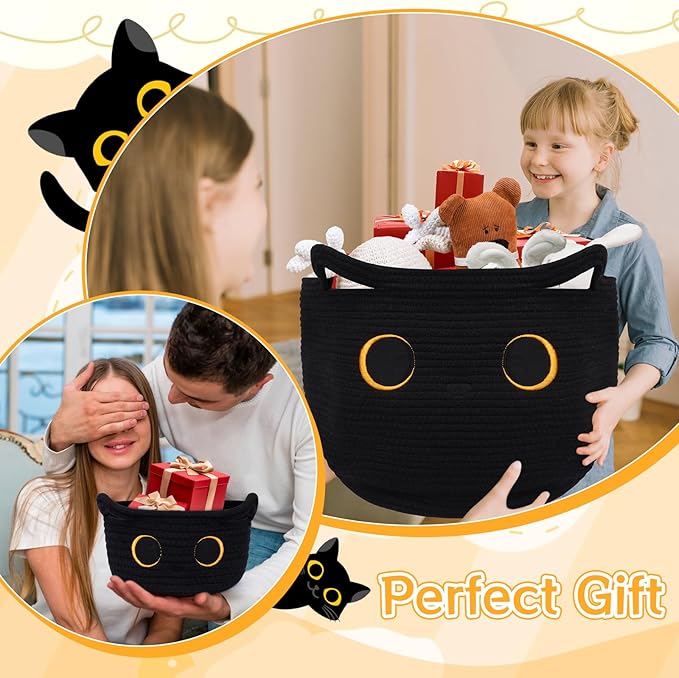 Storage Baskets for Organizing, Black Cat Cotton Rope Baskets Set Woven Blasket for Nursery, Blanket Basket Organizer Toy Basket for Gifts Cat Dog Bin Toys - Pack of 2