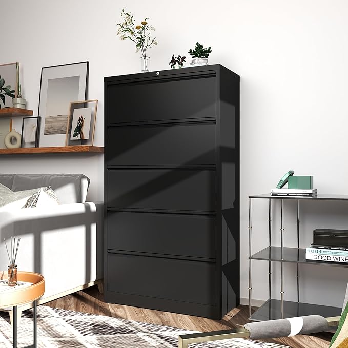 File Cabinets 5 Drawer,Metal Office Storage Filing Cabinet with Lock,White Lateral Filing Cabinet for Home Office,Horizontal Locking File Cabinet for Legal/Letter/A4,Assembly Require,Black