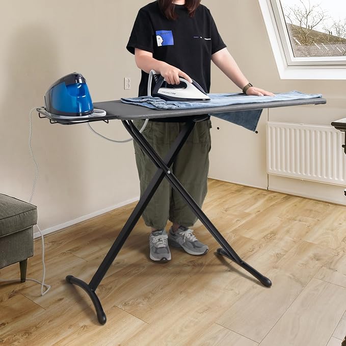 Duwee 18"x46" Ironing Board with Heat Resistant Cover and Thicken Felt Pad,Deluxe Iron Board with Steam Iron Rest,Adjustable Height Heavy Duty Ironing Board Full Size,Heavy Sturdy Legs,Black