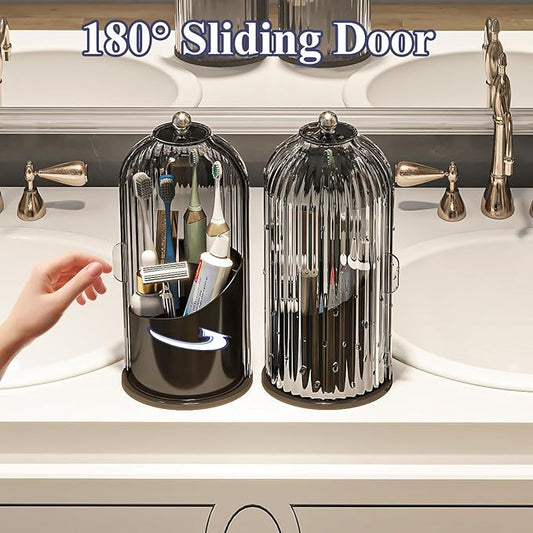 Dustproof Toothbrush Holders with Cover, Rotating Electric Toothbrush and Toothpaste Holder for Bathroom Countertop, 3 Slots Makeup Brushes Organizer, Grey Black