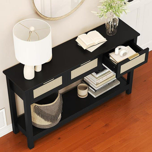 Luoxiao Entryway Table with 3 Rattan Drawers, 47" Narrow Console Table with Storage Shelf, Modern Black Sofa Table for Living Room Hallway Foyer, Slim Entry Way Cabinet, Anti-Tip, Easy Assembly
