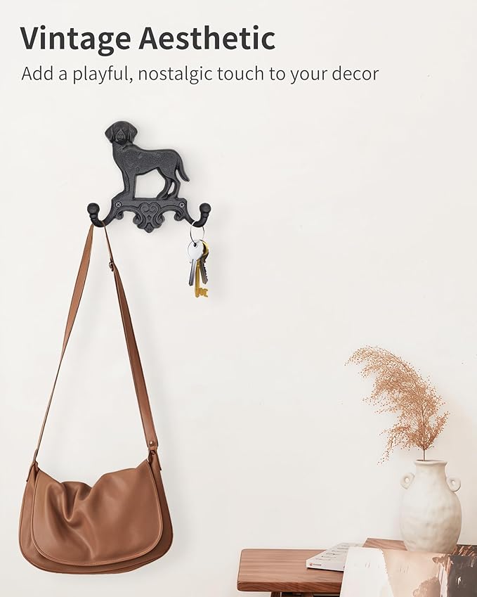 Cast Iron Dog Wall Hooks for Hanging, Heavy Duty Dog Leash Holder for Wall Mount Coat Hooks Decorative Key Hanger Vintage Farmhouse Entryway Cute Animal Decor Rustic Black 1 Pack