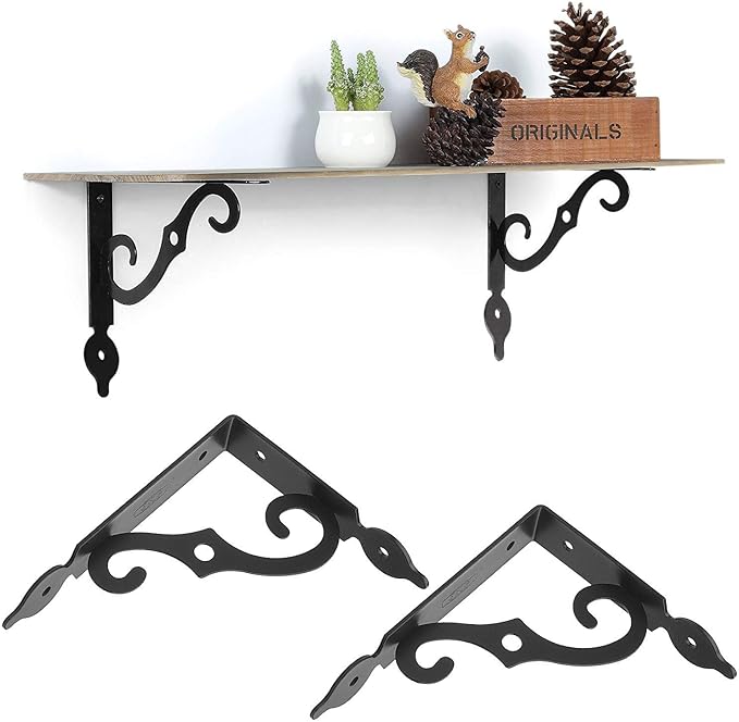 Acrux7 5.5 x 4.3 Inch Heavy Duty Black Metal Shelf Brackets - 12 Pack With Screws, L-Shaped Support Angle Brackets for Floating Shelves